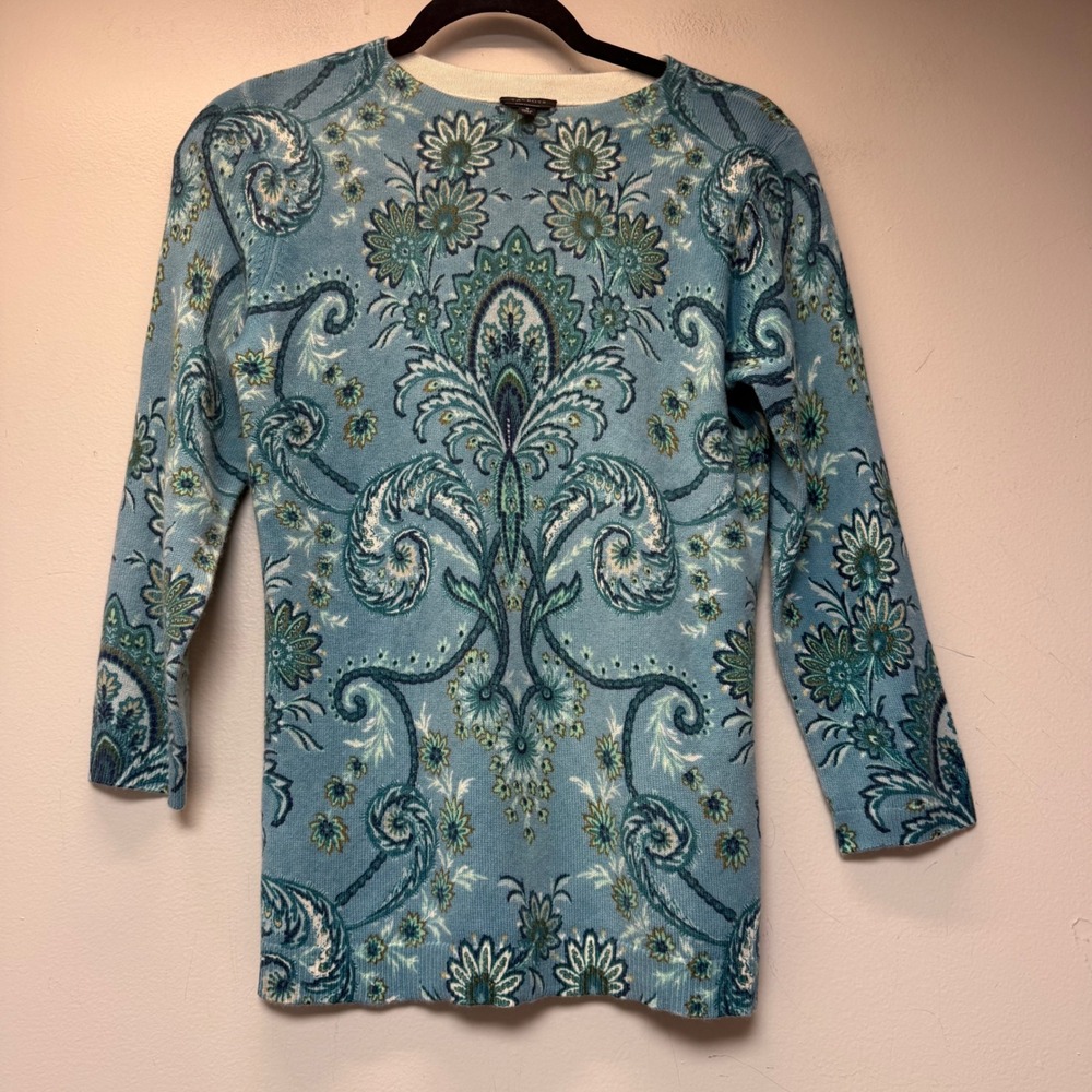 Talbots Sweater Womens Small Blue Pure‎ Cashmere Paisley Floral 3/4 Sleeve